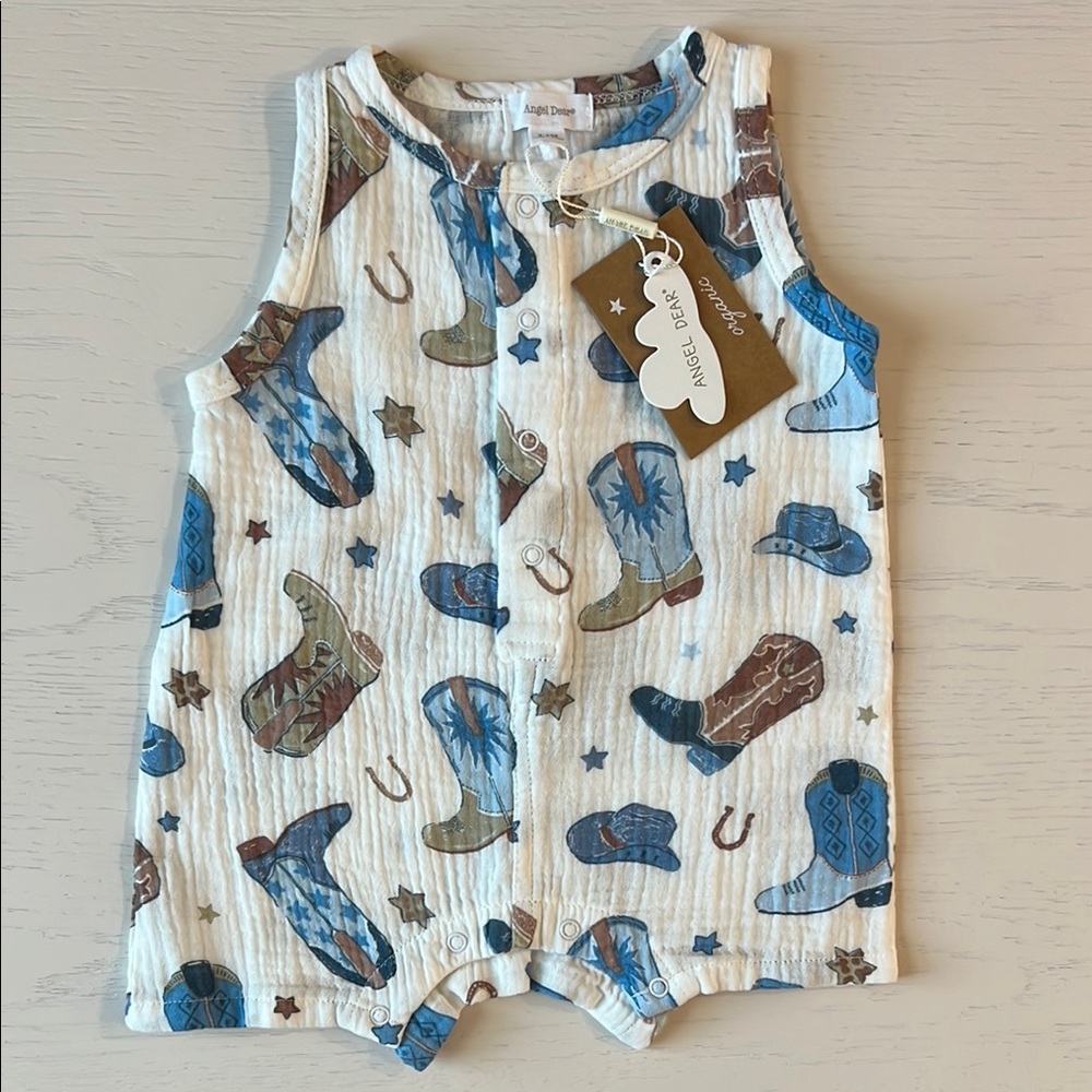 Angel Dear Shortie Romper Muslin Cowboy Boots Blue 6-12 18-24 months